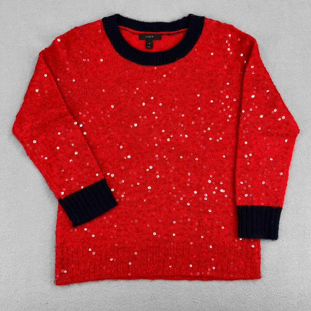 J. Crew Womens Red Sequin Wool Mohair Blend Sweater Navy Trim Small